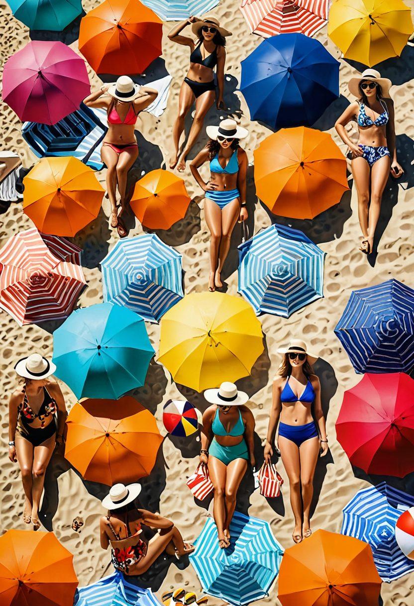 A vibrant beach scene featuring diverse women of different body types in stylish and trendy swimwear, accessorized with oversized hats, sunglasses, and beach bags. Include a sun-drenched shoreline with colorful beach towels and umbrellas in the background, along with beach balls and flip-flops. The atmosphere should evoke warmth, joy, and confidence, inviting viewers to embrace summer vibes. super-realistic. vibrant colors. sunny background.